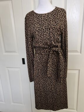 Old Navy Leopard Print Tie-Waist Long Sleeve Dress - Tan & Black, M